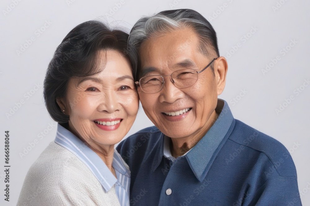 Happy Asian senior couple in light background. Concept of success in business and life. Generative AI Happy Asian senior couple in light background. Concept of success in business and life. Generative AI