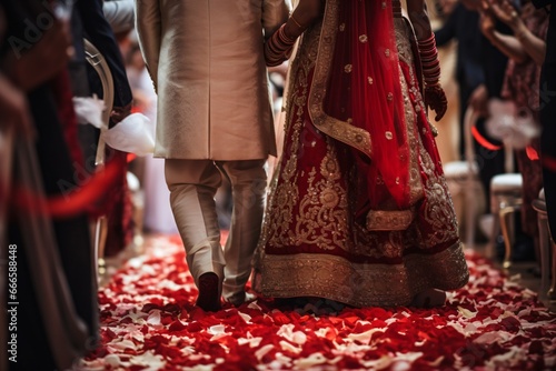 Back view of an Indian wedding couple walking on the aisle or mandap in the temple