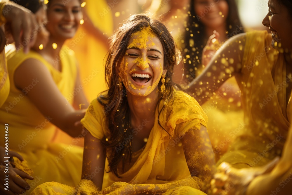 A woman laughing and very happy during the haldi ceremony ritual in her Indian wedding