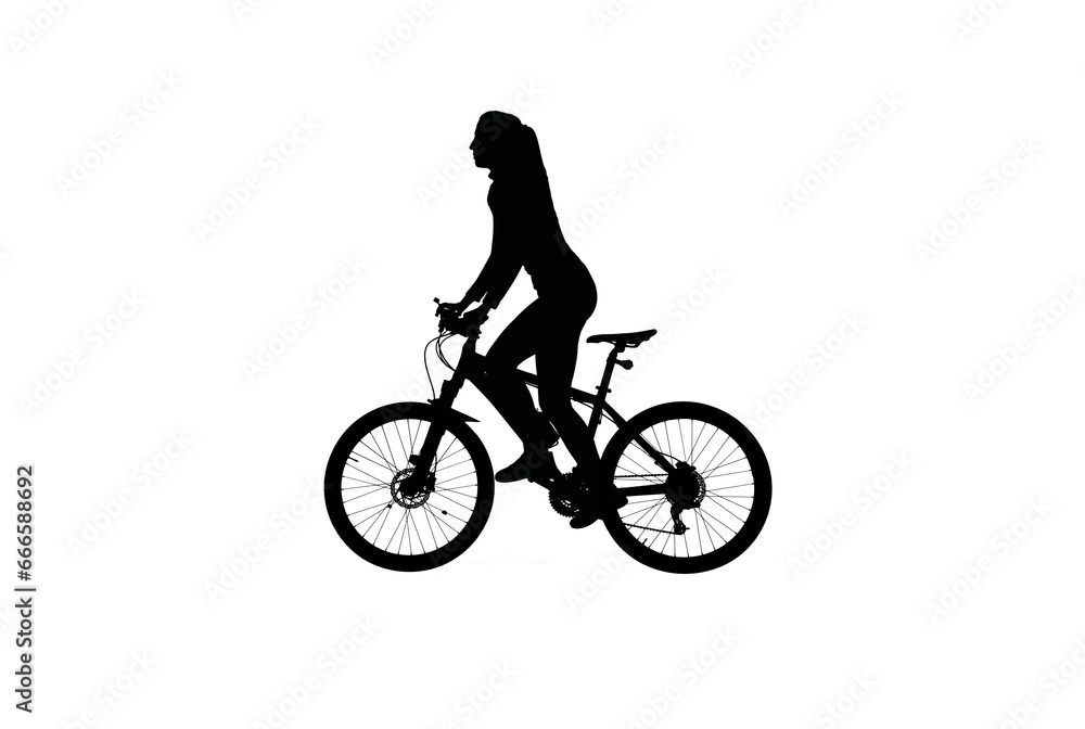 Naklejka premium Black silhouette of girl riding a bike standing on pedals, isolated on white background alpha channel.
