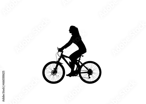 Black silhouette of girl riding a bike, looking at the front, isolated on white background alpha channel.