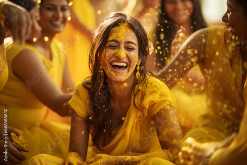 A woman laughing and very happy during the haldi ceremony ritual in her Indian wedding