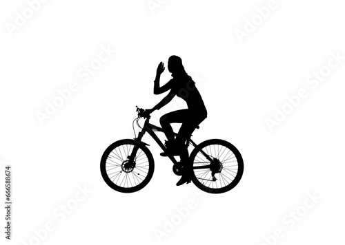 Black silhouette of girl riding a bike and holding hand up, isolated on white background alpha channel.