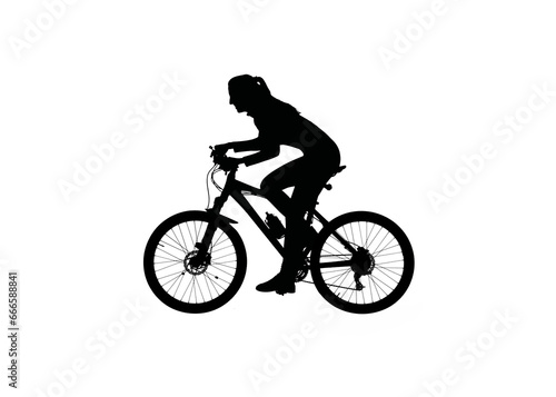 Black silhouette of girl riding a bike in low bended position, isolated on white background alpha channel.