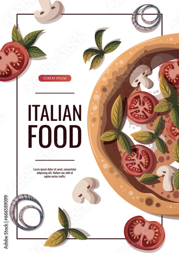 Flyer design with Pizza Margherita with tomatos and mozzarella. Italian cuisine, healthy food, cooking, restaurant menu, eating, recipes concept. Vector illustration for banner, promo, sale.
