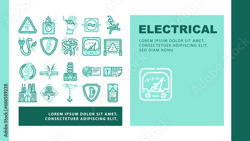 electrical danger voltage landing web page vector. hazard power, energy high, safety shock, warning volt, risk lightning flash triangle electrical danger voltage Illustration