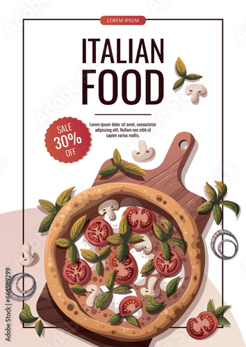 Flyer design with Pizza Margherita with tomatos and mozzarella. Italian cuisine, healthy food, cooking, restaurant menu, eating, recipes concept. Vector illustration for banner, promo, sale.