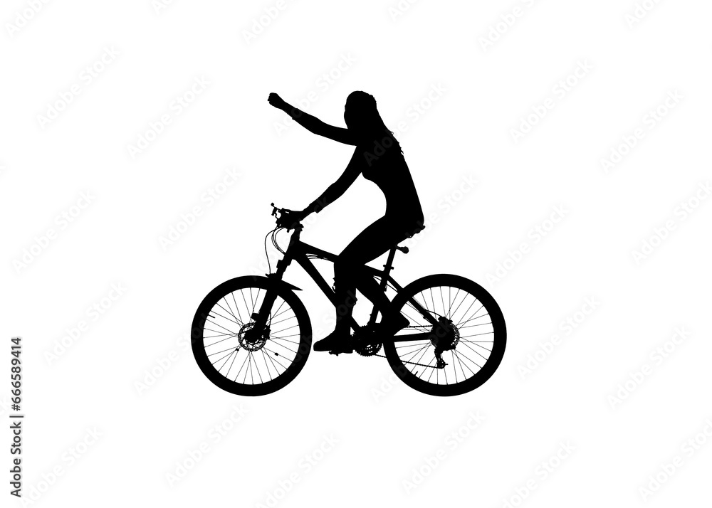 Black silhouette of girl riding a bike holding hand up winner gesture, isolated on white background alpha channel. Black silhouette of girl riding a bike holding hand up winner gesture, isolated on white background alpha channel.