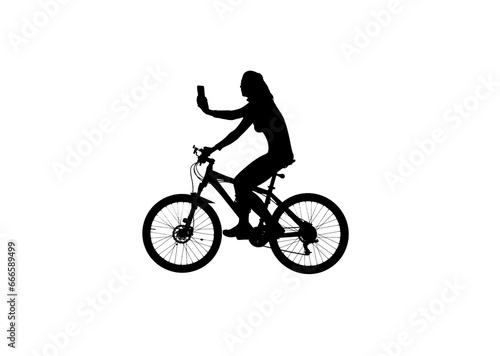 Black silhouette of girl on a bike recording selfie on smartphone isolated on white background alpha channel.