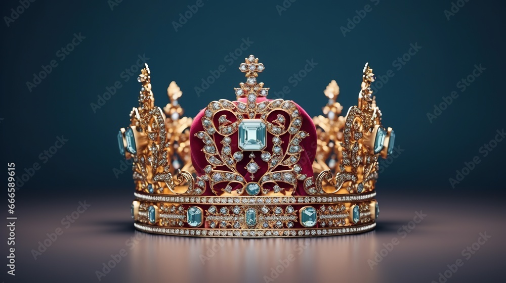 Detailed King Crown Made of Gold Isolated on the Plain Background, Decorated with Precious Jewels
