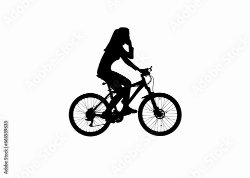 Black silhouette of female talking on smartphone riding a bike, isolated on white background alpha channel.