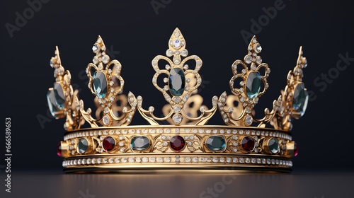 Detailed King Crown Made of Gold Isolated on the Plain Background, Decorated with Precious Jewels 