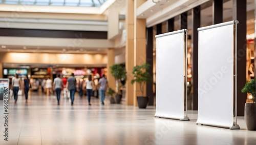 blank roll up banner mockup stand on public place