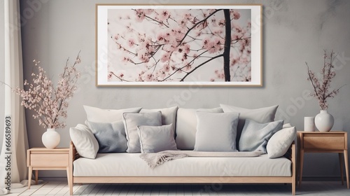 Intérieur de salon scandinave de printemps moderne. Canapé avec coussins en lin rayé bleu pâle. Fleurs de prunier cerisier dans un vase. IA générative, IA