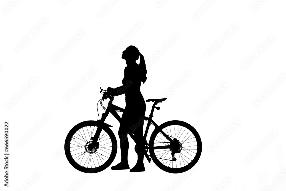Black silhouette of girl standing with bike and looking up, isolated on white background alpha channel. Black silhouette of girl standing with bike and looking up, isolated on white background alpha channel.