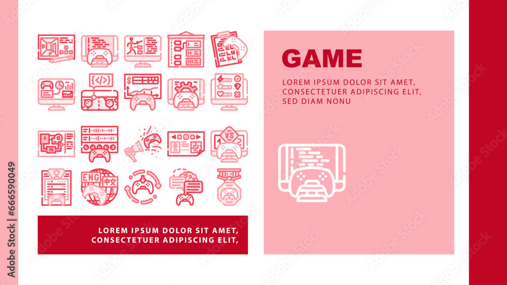game development software landing web page vector. computer screen, industry technology, office people, young code, program developer game development software Illustration