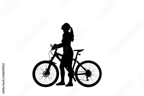 Black silhouette of girl standing with bike and looking up, isolated on white background alpha channel.