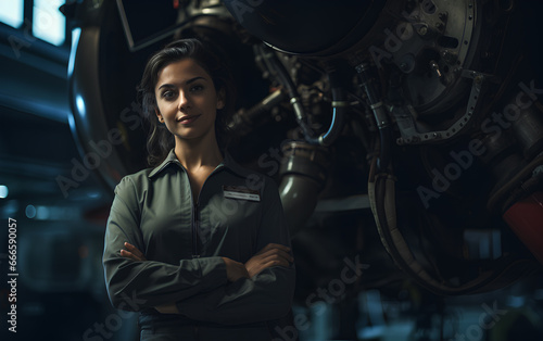A proud and confident woman aerospace engineer working on an aircraft and spacecraft part, displaying expertise in technology and electronics.