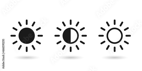 Brightness control icons set. Contrast level icon. Screen brightness and contrast level settings icon.