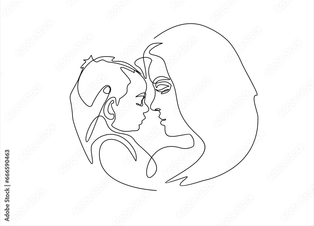 Fototapeta premium Happy Mother day card. Continuous one line drawing. Woman hold her baby. Vector illustration