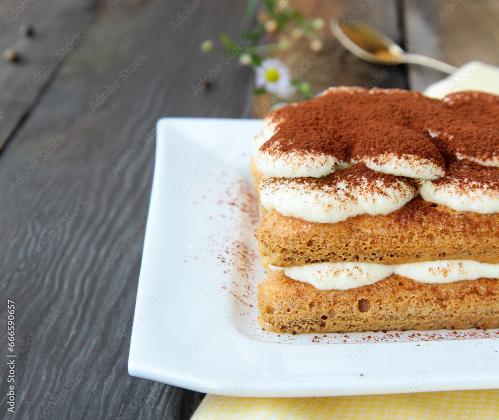 tiramisu cake with fresh berries on a plate for dessert tiramisu cake with fresh berries on a plate for dessert