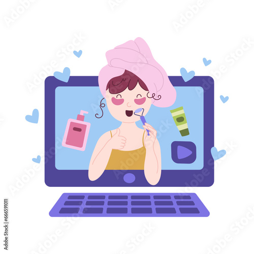 Beauty blogging concept. Makeup tutorial video and cosmetics review. Vector cartoon flat illustration.