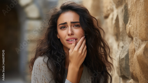 dark-haired Middle Eastern young woman covers her mouth with her hands and grieves among the stone walls, ruins, war, depression, fear, grief, pain, scared girl, emotion, facial expression, ruins