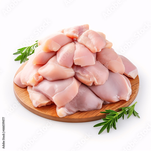 Raw chicken thigh meat without bone and without skin on a white background isolade.Close up, space for text, copyspace photo