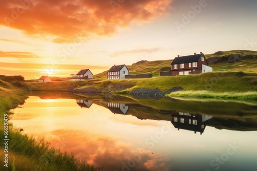 Picturesque Icelandic turf-top houses in Skogar village, with a serene river reflecting the stunning summer sunrise. Beautiful outdoor scenery capturing Iceland's essence. Generative AI