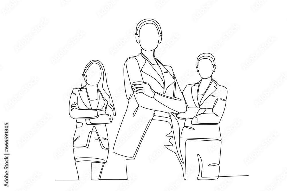 Three beautiful businesswomen. Corporate leader one-line drawing