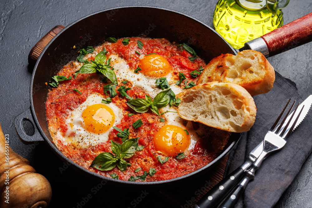 Delicious shakshuka breakfast in a pan Delicious shakshuka breakfast in a pan
