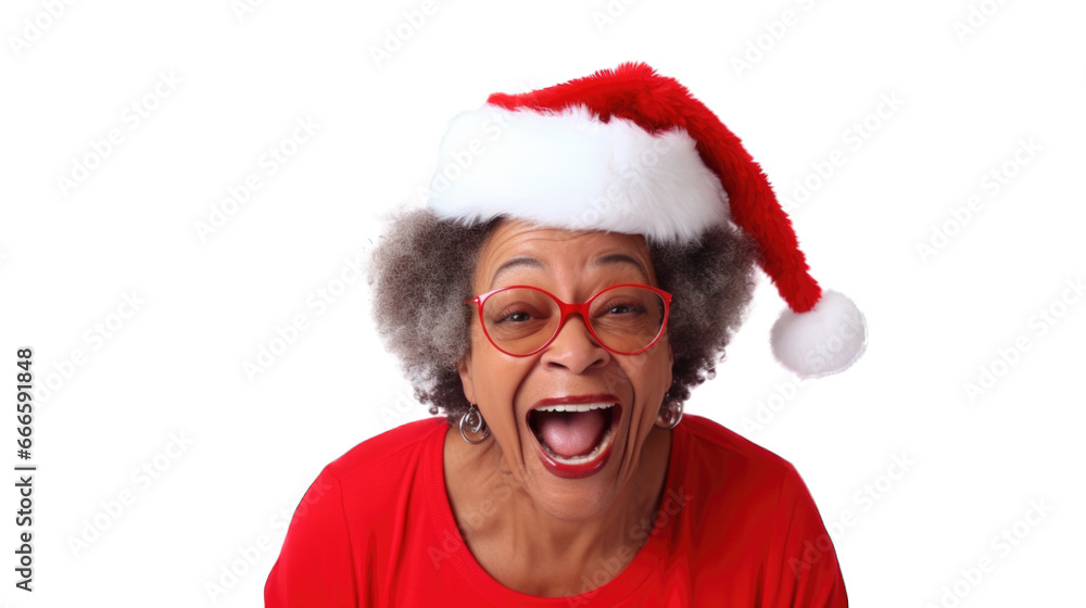 Close up portrait of mature black woman wearing Santa Claus hat during Christmas. Transparent background or PNG file. Generated by AI Close up portrait of mature black woman wearing Santa Claus hat during Christmas. Transparent background or PNG file. Generated by AI
