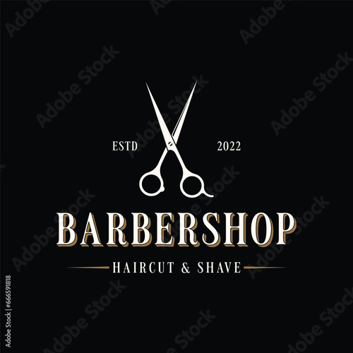 Retro vintage barbershop haircut and shave logo template with haircut equipment design. Logo for business, emblem, label, barber and badge.