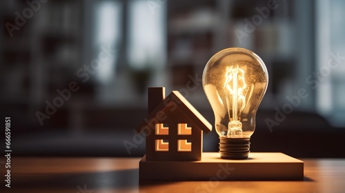 Light bulb with wood house on the table, a symbol for construction, Creative light bulb idea, power energy or business idea concept ecology, loan, mortgage, property or home. photo