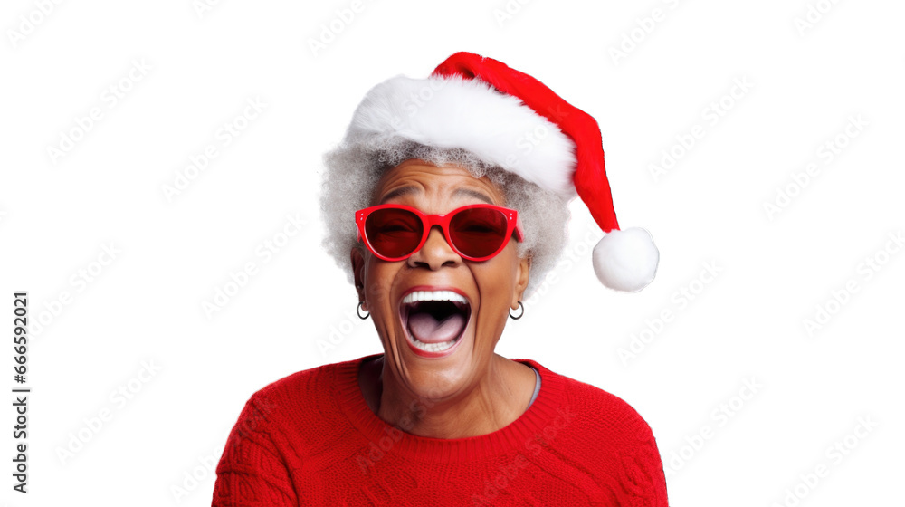 Close up portrait of mature black woman wearing Santa Claus hat during Christmas. Transparent background or PNG file. Generated by AI 