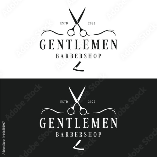 Retro vintage barbershop haircut and shave logo template with haircut equipment design. Logo for business, emblem, label, barber and badge.