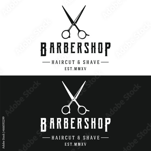Retro vintage barbershop haircut and shave logo template with haircut equipment design. Logo for business, emblem, label, barber and badge.