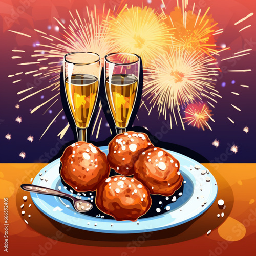 Dutch oliebollen and champagne wit fireworks at new years eve, vector image