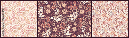 Seamless floral pattern, decorative ditsy print with vintage botany in autumn colors. Design collection with hand drawn wild plants, small flowers, grass, leaves. Vector illustration.