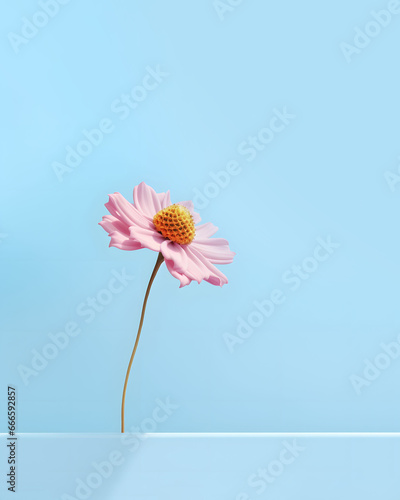 A pastel pink flower on a pastel blue background, a minimalist floral composition, a hint of spring.