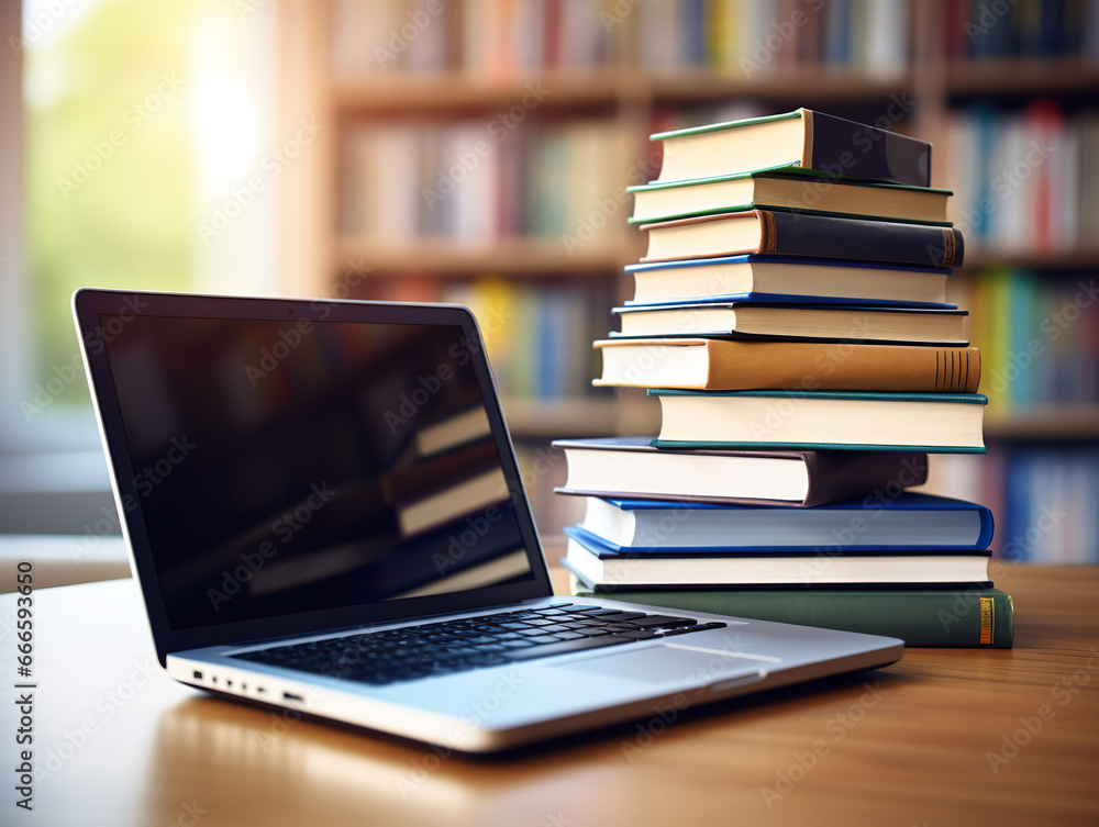 Laptop computer and books on a table in a public library. Laptop computer and books on a table in a public library.