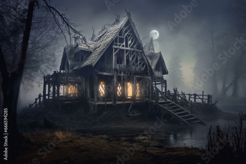 Sinister haunted house with eerie spirits in chilling moonlit fog and decaying wooden structure. Generative AI