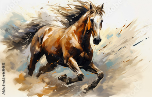 Watercolor painting of a horse running gallop in motion on a grunge background