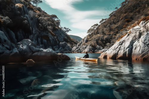 AI generative image of a kayaker paddling through tranquil canyon