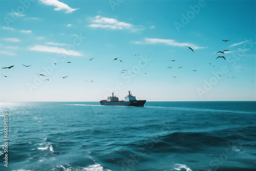 AI generative image of cargo ship sailing through the open sea