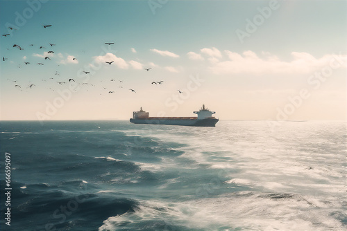 AI generative image of cargo ship sailing through the open sea