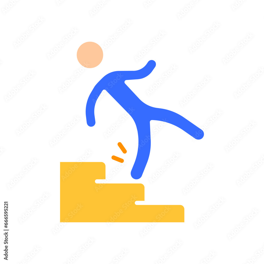 Man slipped on stairs line icon. Moving, cleaning signs, signs, logistics, warning. Vector color icon on white background for business and advertising