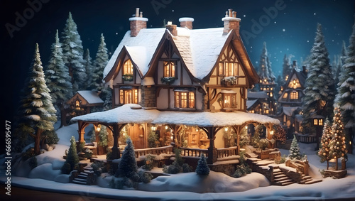 atmosphere of houses in winter village, miniature