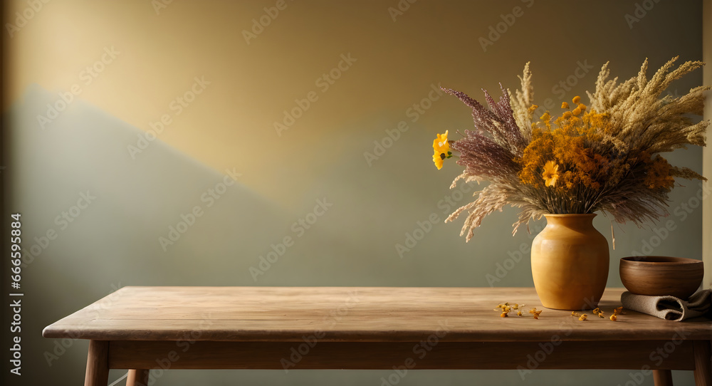 wooden table with dried flowers in vase with cream wall background, space for text