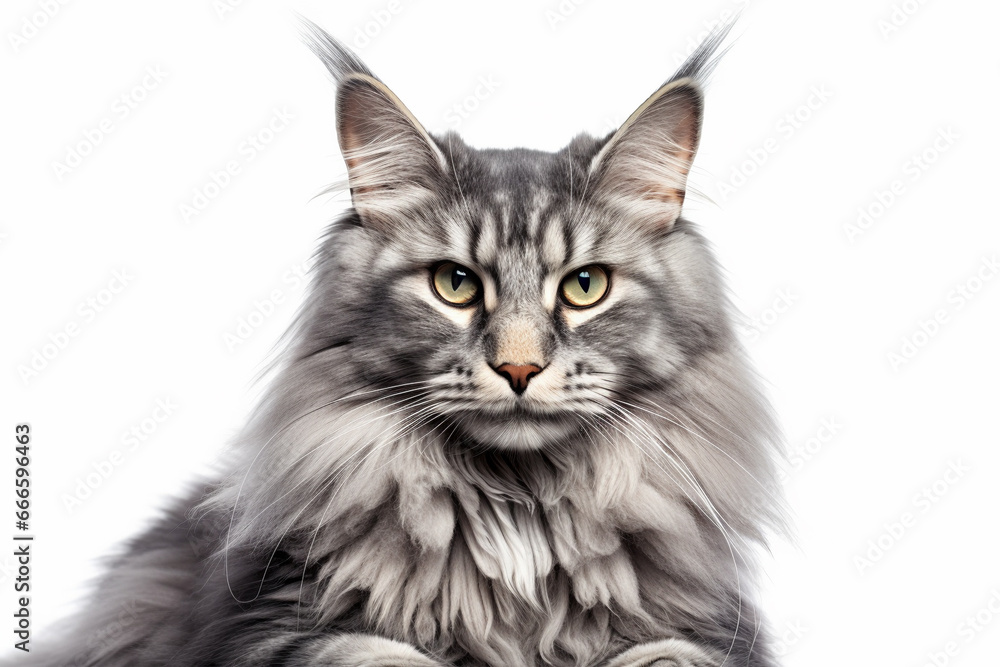 Portrait of gray Main Coon cat on white background